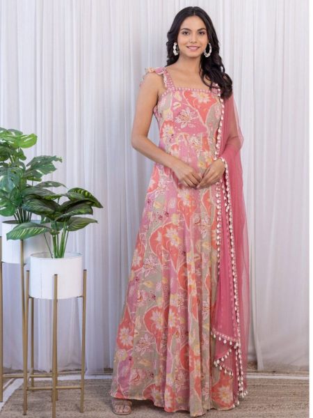 Light Pink Colour Long  Gown With Dupatta Kurti With Dupatta Wholesale