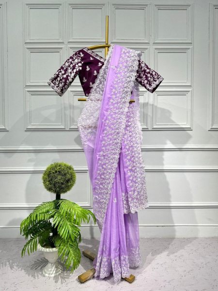 Light Weight Organza Silk Saree With Thread   Embroidery Work  