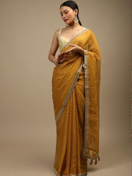 Musterd Yellow Chinon Printed Sequence Saree 