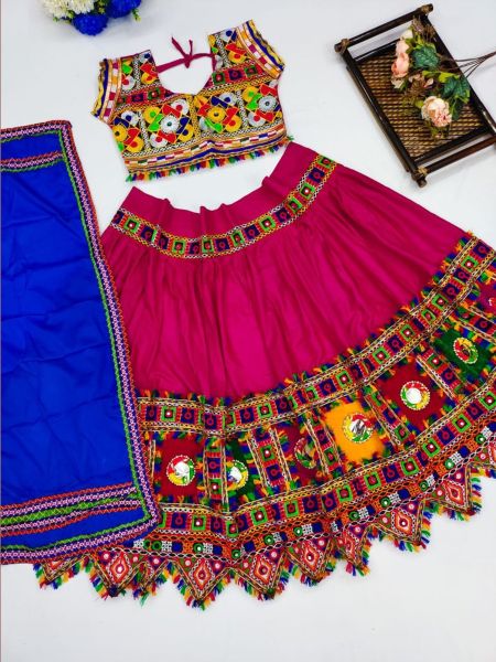 Navratri Wear Multicolour Kids Lahenga Choli With  Embroidery Work  
