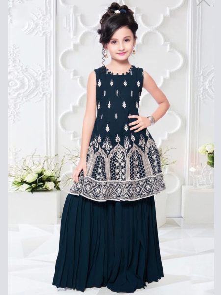 Navy Blue Faux Georgette Plazzo Suit With Sequence Work  