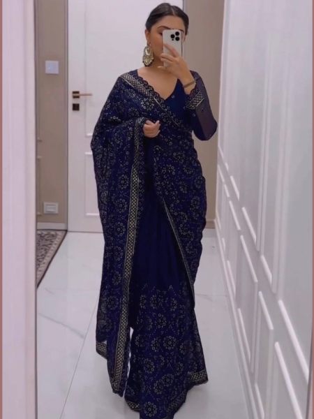 Navy Blue Georgette Festival Wear Saree With Embroidery Sequance Work 