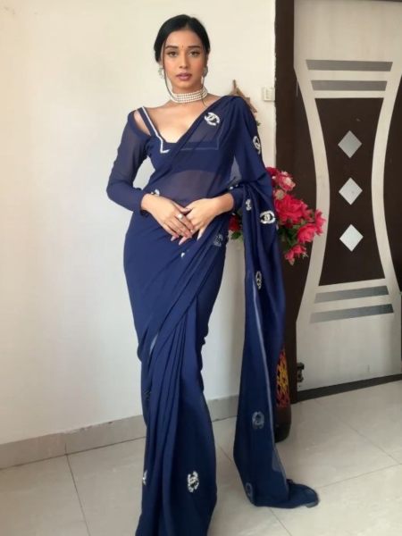 Navy Blue Ready To Wear Saree With Embroidery Work  Ready To Wear Saree 