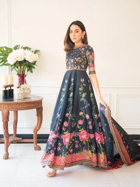 New Designer Butter Silk Printed Gown With Dupatta 