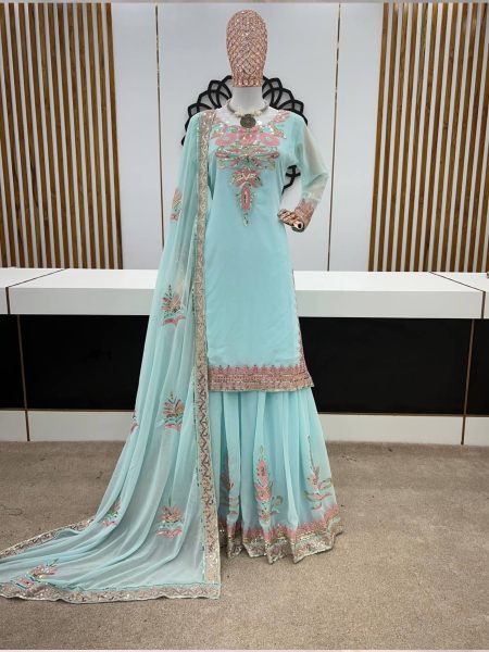 New Designer Faux Georgette Sharara Suit With Embroidery Work 
