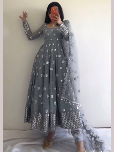 New Designer Party Wear Grey Colour Gown With Embroidery Work   Ready To Wear Saree 