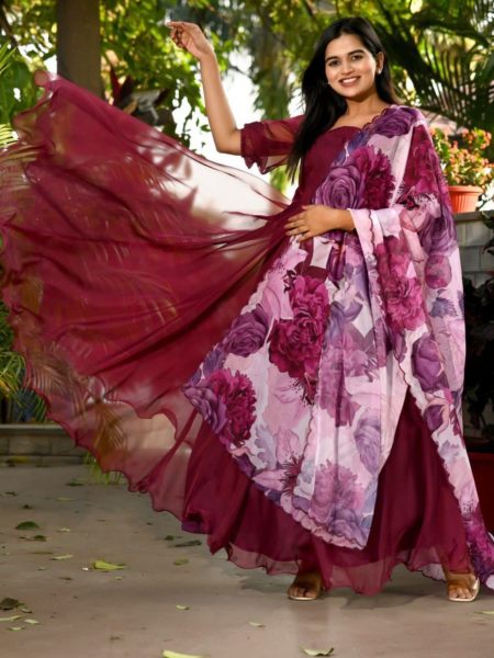 New Stylish Tabby Silk Gown With Flower Printed Dupatta 
