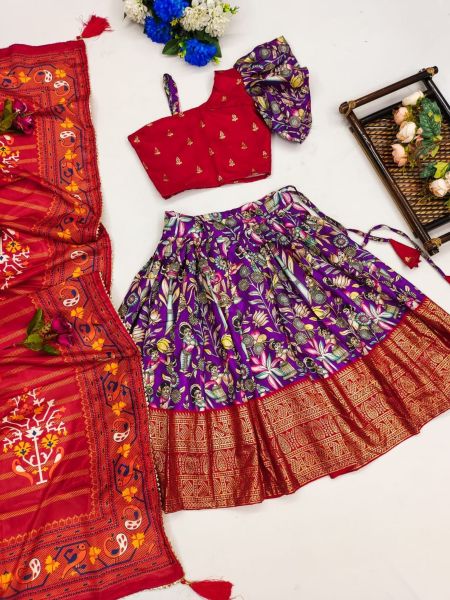 New Trending Zari Foil-Work Kalamkari Silk Stitched  Kids Girl Lahenga Choli  