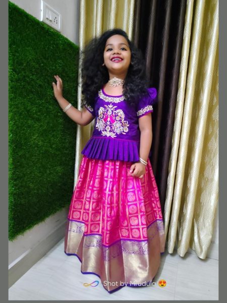 New Trending Zari Weaving Cotton Silk Stitched Lahenga Choli with Dupatta for south kids collection   