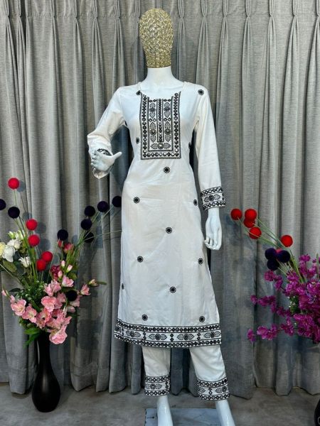 New Womens White Embroidered Kurti Pent Set  Kurti With Bottom Wholesale