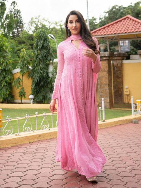 Nora Fatehi Pink Color Georgette Anarkali Suit With Pant and Dupatta With Embroidery 