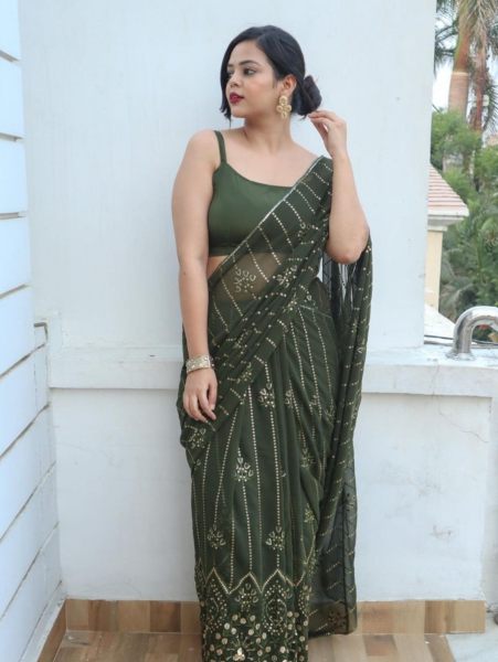 Olive Green Georgette Sequence Saree 