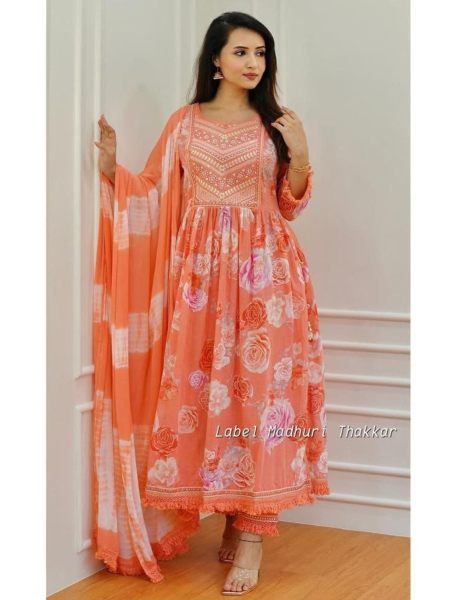 ORANGE AND YELLOW FLORAL EMBROIDERED NAYRA CUT COTTON SUIT SETS 