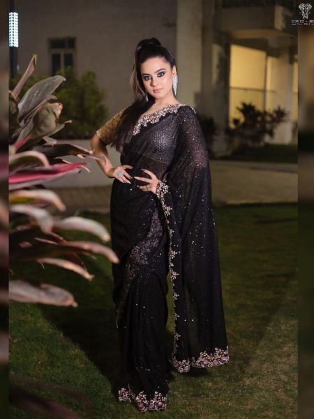 Party Wear Black Color Georgette Saree With Thread Embroidery Work  
