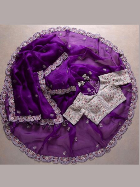 Party Wear Ladies  Purple Colour Saree Organza Sarees Wholesale