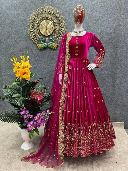  Party Wear Look Heavy Viscos Velvet With Heavy Embroidery Work Gown With Dupatta  