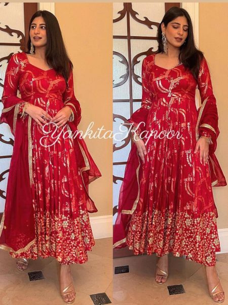 Party Wear Red Faux Georgette Gown With Embroidery Sequence Work  