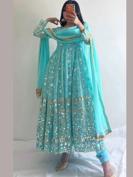 Party Wear Sky Blue Sequence Anarkali Gown  