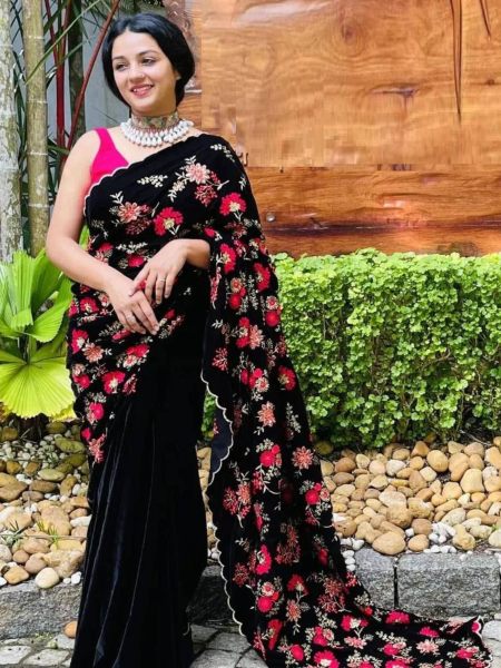 Pary Wedding Wear Black Velvet Wmbroidered Saree Embroidery Sarees Wholesale