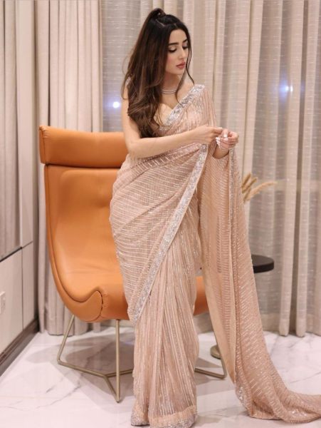 Peach Color Embroidered Saree With Blouse Piece 