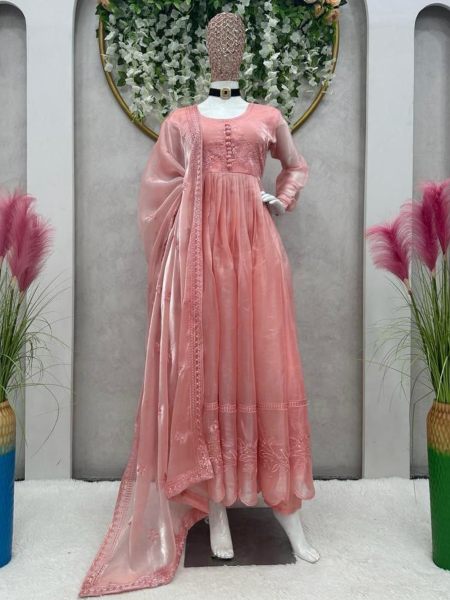 Peach Colour Thread Embroidered Anarkali Gown  