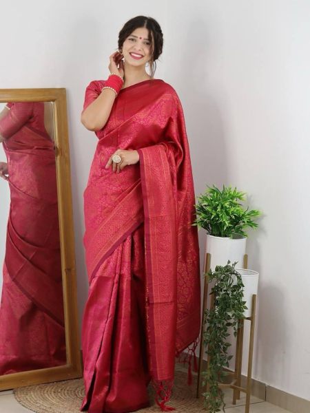 Pink Banarasi Soft Silk Saree  With Zari Weaving  