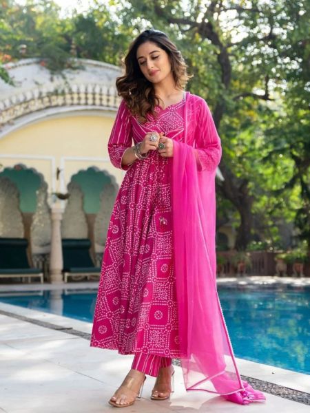 Pink Bandhej Printed Anarkali Kurti With Pant And Dupatta Set  