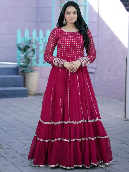 Pink Faux Blooming Gown With Sequins Multi Silver Jari Embroidered Work Anarkali 