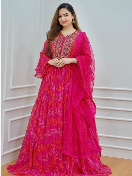 Pink Faux Georgette Gown With Dupatta 
