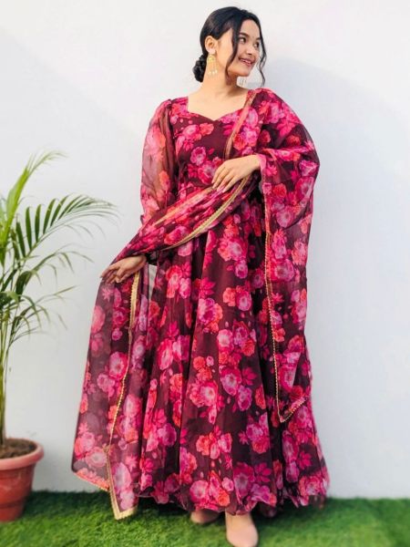Pink Flower Print Georgette Anarkali  With Duppta Collection  Plus Size Kurti / Gown