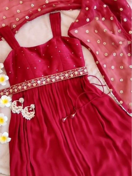 Pink Stylish Georgette Gown   Dupatta With Fancy Belt  