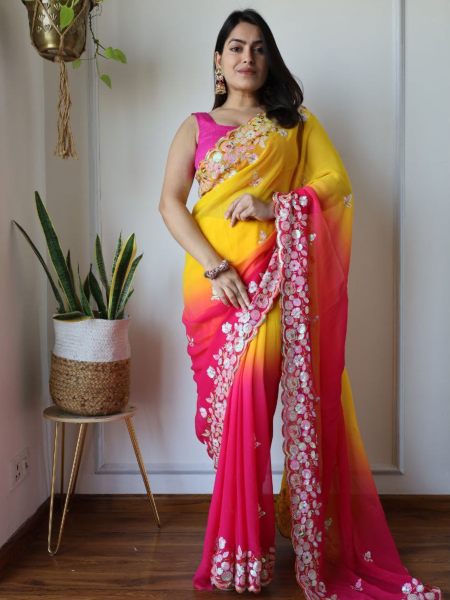  Pink with Yellow Colour Mono Diamond Silk Saree  Embroidery Sarees Wholesale