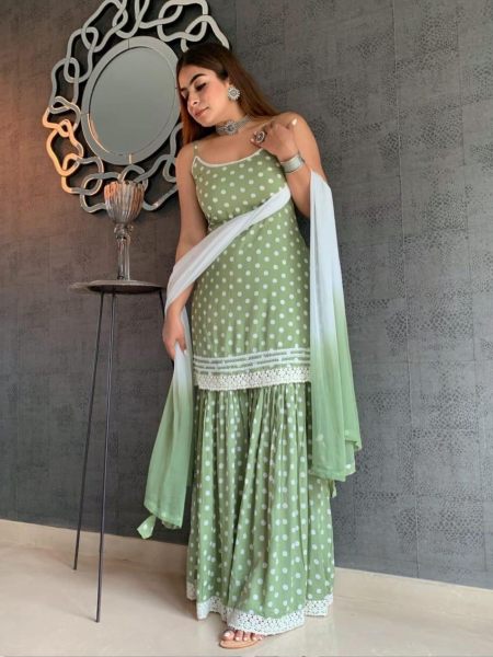 Pista Green Cotton Silk Printed Sharara Suit  
