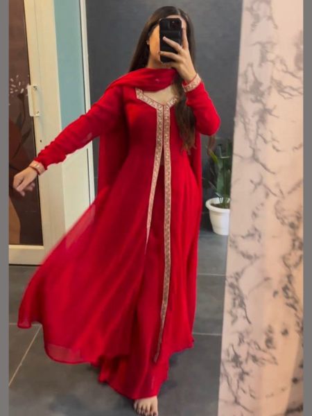 Premium Georgette Beautiful Red Palazzo Dress  