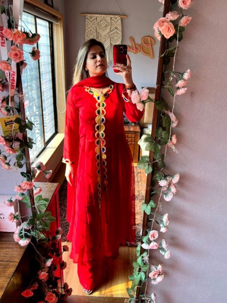 Premium Red Georgette Suit With Beautiful Velvet Pure Hand Work  