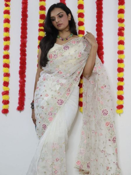 Premium Organza Silk Saree With Multi Colour Thread Work Ready To Wear Saree 