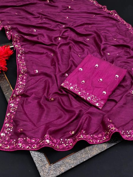 Presenting New Vichitra Silk Saree With Multi Embroidery Work  