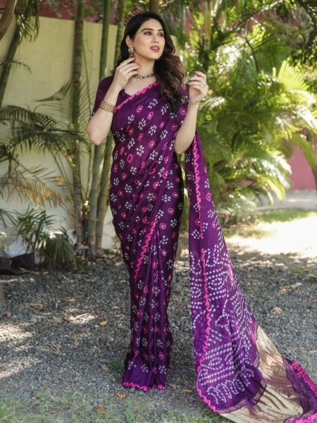 Pure Bandhej Silk Saree With Zari Weaving Rich Tissue Pallu Bandhej Sarees Wholesale