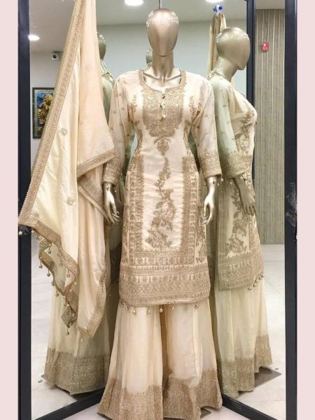  Pure Chinnon Silk With Heavy Embroidery Plazzo Suits Collection  Ready To Wear Suit