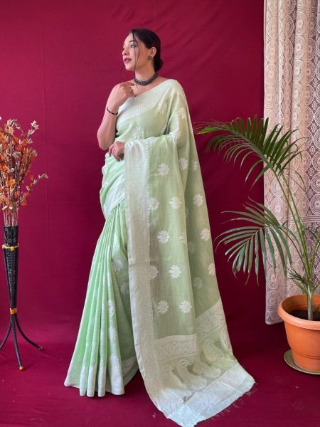 Pure Linen Weaving Saree Superb Butti Design  
