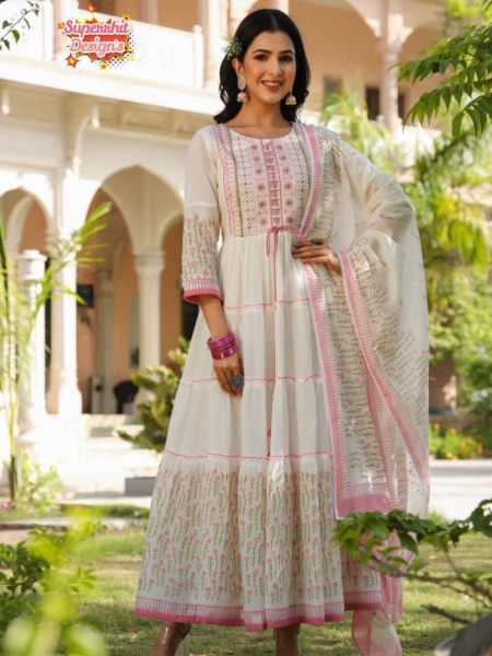 Pure Rayon Cotton Gown Pant Set With Embroidery Work in Neck  