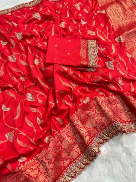 Pure Viscose Dola Silk Saree With Sequnce & Embroidered Cut Work border  