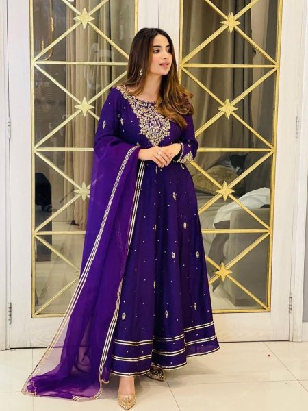 Purple Color Heavy Georgette Gown   Dupatta With Embroidery Work   