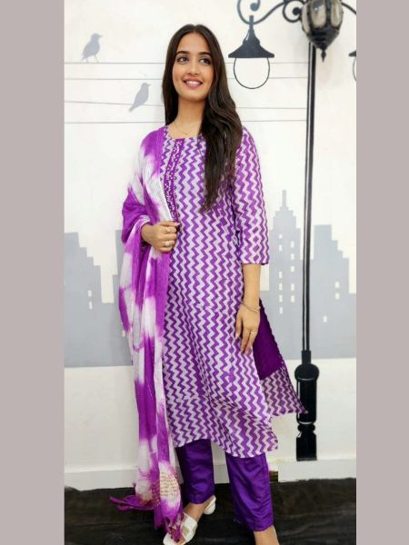 Purple Colour Kurti Pant With Dupatta Set 