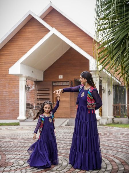 Purple Colour Mother Daughter Combo Gown With Koti Set  