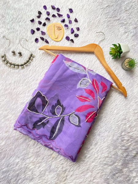Purple Digital Printed Organza Saree With Hand Work  