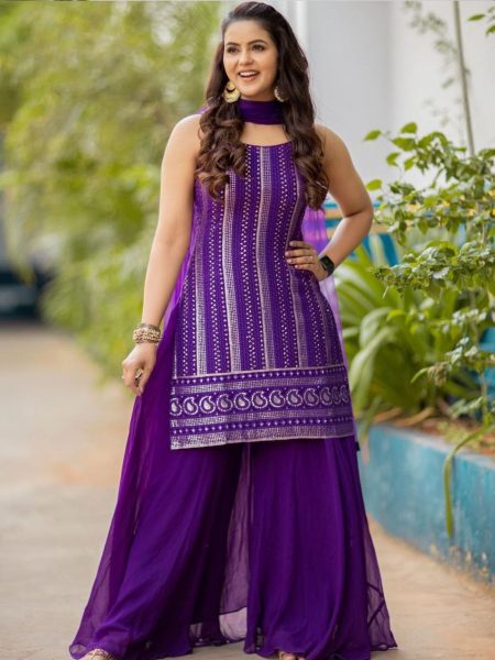 Purple Foux Georgette Plazzo Set With Thread   Sequence Work 