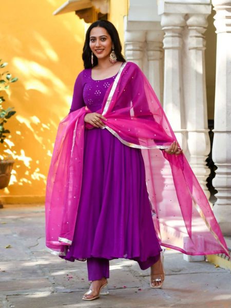 Purple Georgette With Embroidery Mirror Work Gown And Dupatta 
