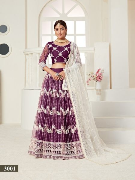 Purple Net Embroidered Wedding Wear Lehenga 