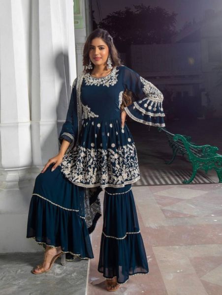 Rama Colour Faux Georgette Sharara Suit With Dupatta  